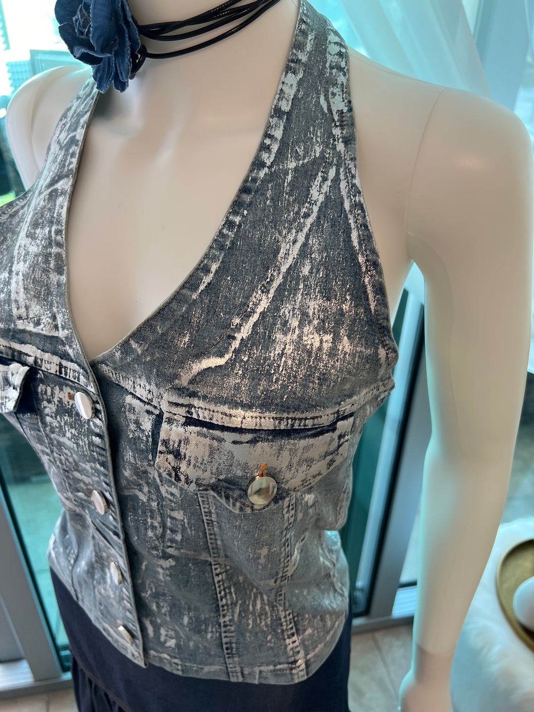 Foiled Halter Denim Top