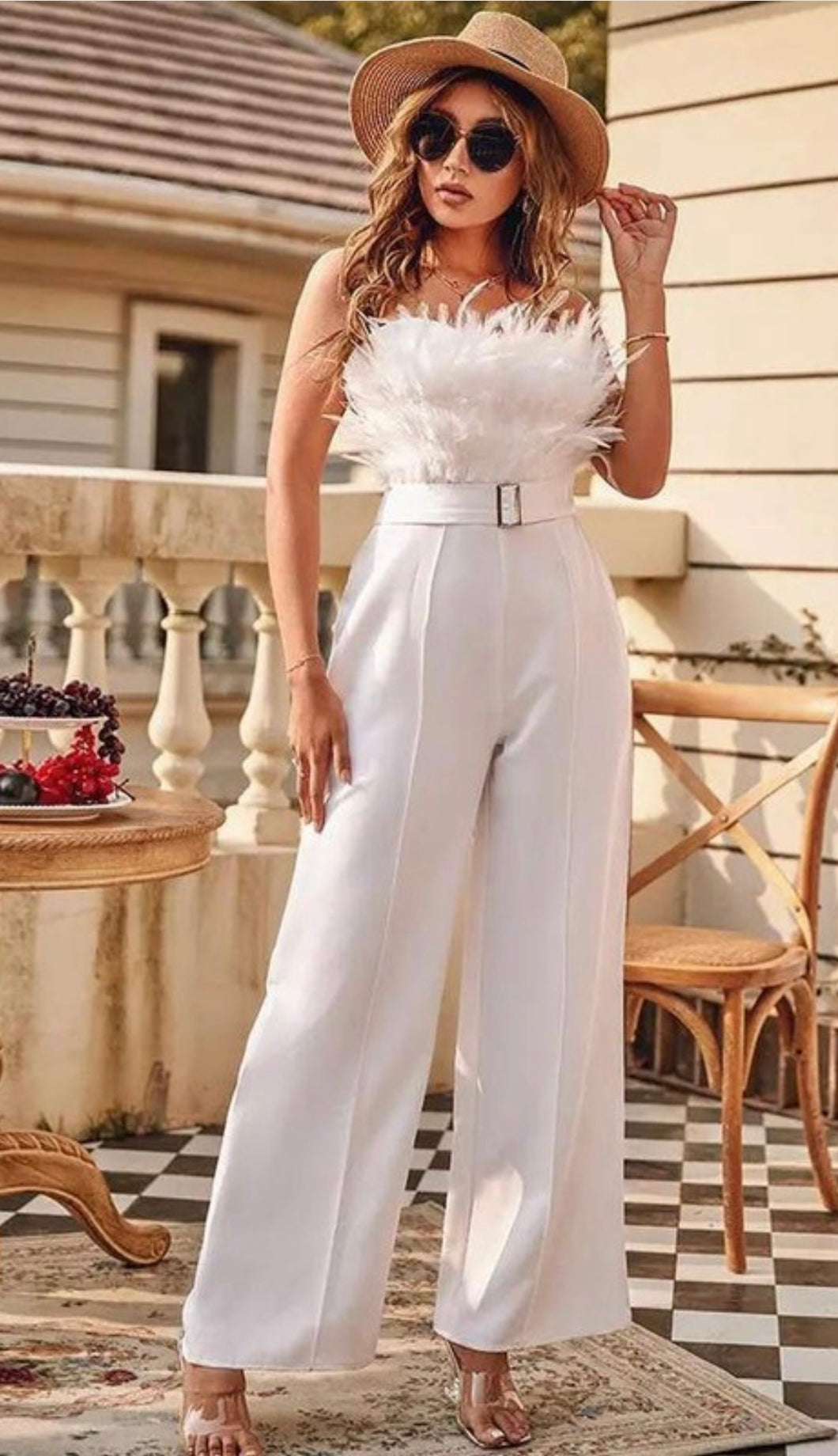 Feather Trim Solid Jumpsuit