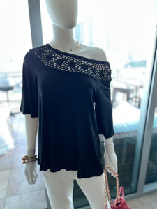 Black Boat Neck Crochet Top