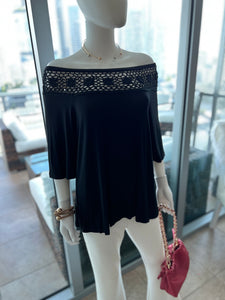 Black Boat Neck Crochet Top