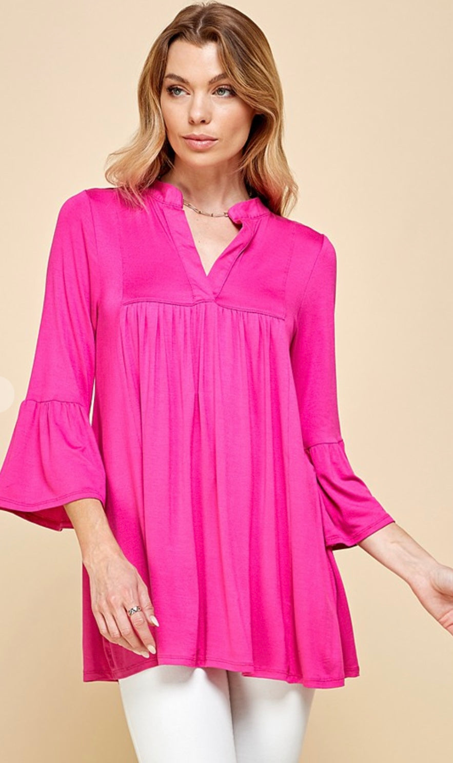 Fuchsia V Neck Flared Sleeve Top