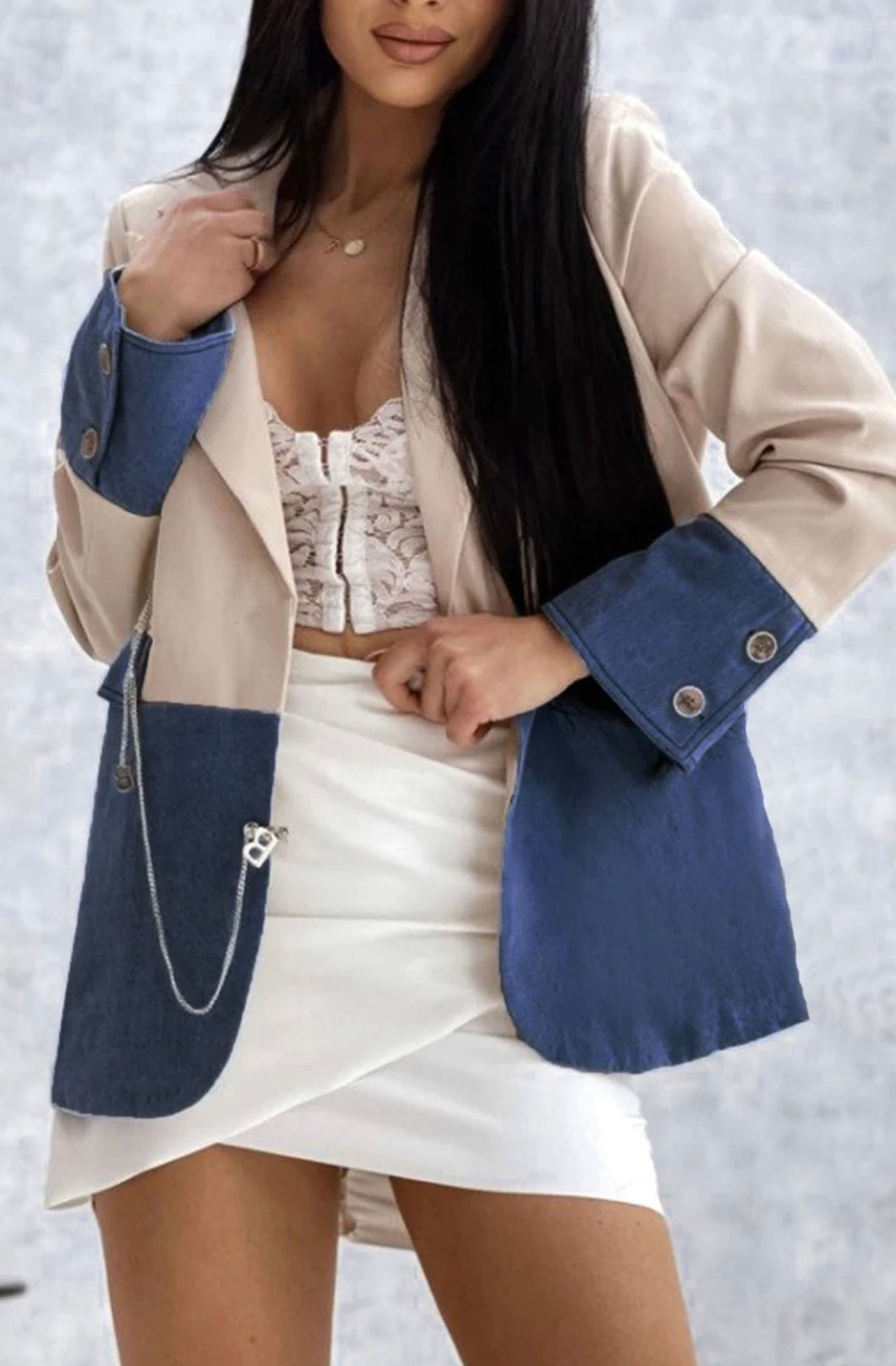 Denim Color Block Contrast Blazer